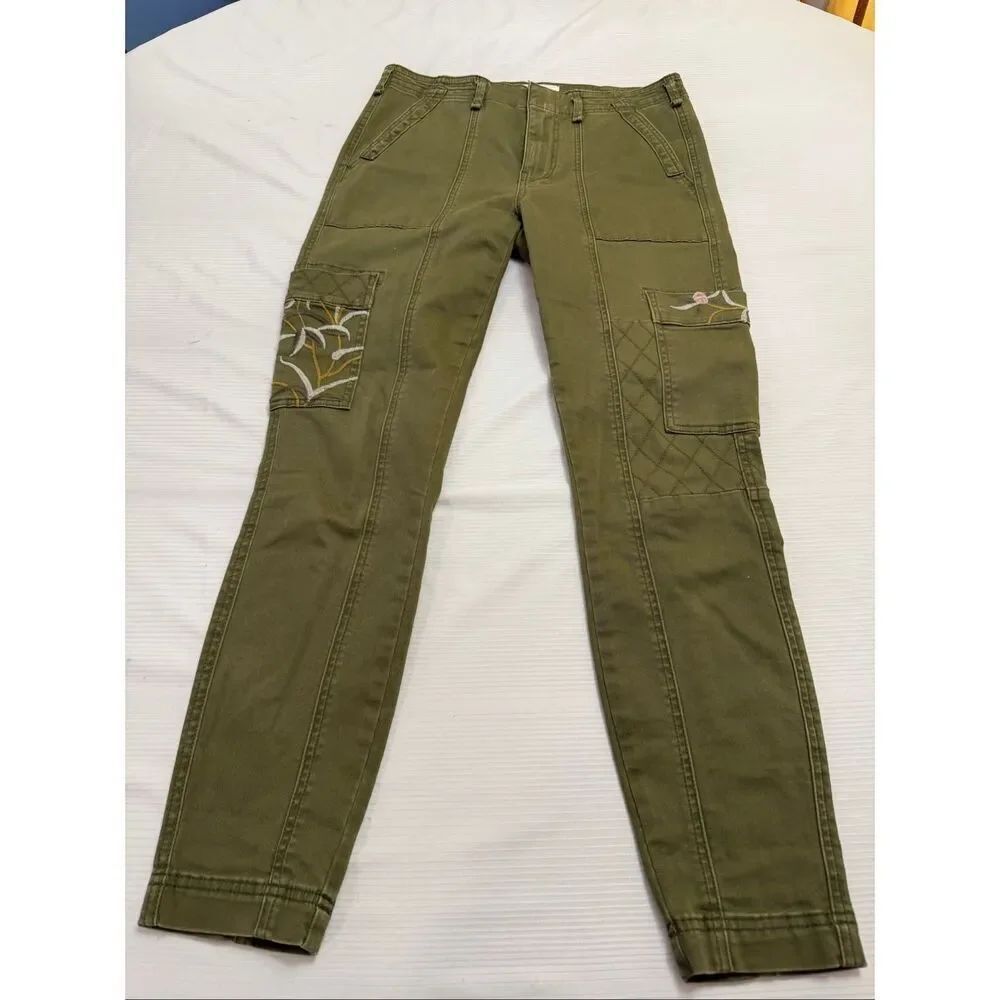 Anthropologie Austen Utility Pants 28 Khaki Green Cotton Stretch Floral Pockets